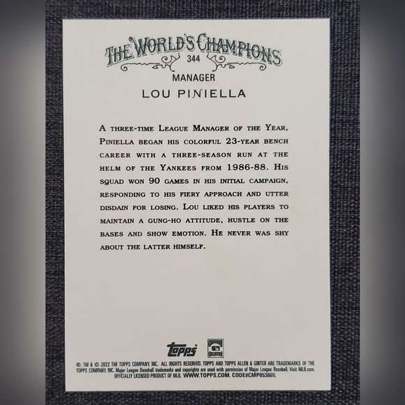 Topps Allen & Ginter The World's Champions Lou Pinella Card #344 - Picture 2 of 2
